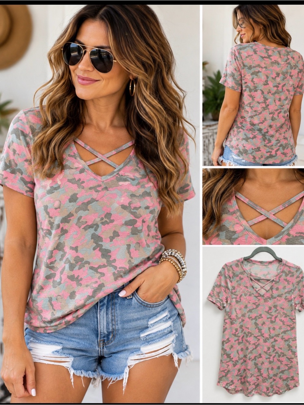 Sew In Love Small Women's Pink Camo Crisscross V-Neck Top